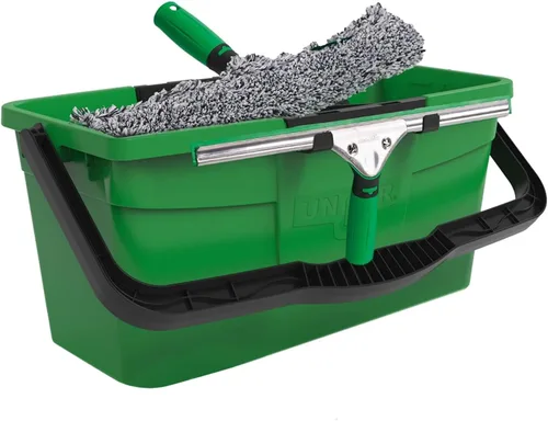 Unger AK013 - Kit de limpieza de ventanas, juego de inicio 3 en 1 con escobilla de ventana, arandela de microfibra con mango de barra en T y cubo de