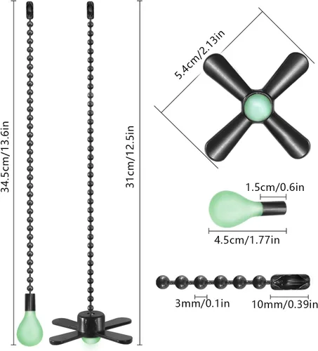 Vista 2 de Black Ceiling Fan Pull Chain Set, 2Pack 3mm Diameter Beaded Fluorescent Decorative Pendant Extension, 12in Lighting & Fan Chain Extender with