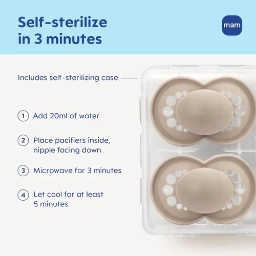 Vista 4 de MAM Chupete mate original para bebé, forma de pezón ayuda a promover un desarrollo oral saludable, estuche esterilizador, 2 unidades, 6-16 meses