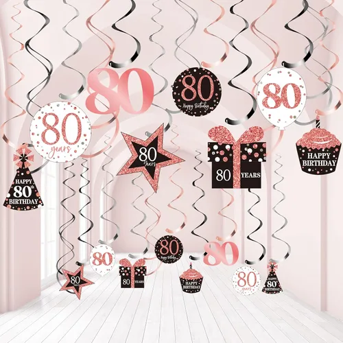 Vista 11 de Blulu 30 piezas de decoraciones de cumpleaños número 18 para niñas, remolinos colgantes de cumpleaños de oro rosa, decoraciones de techo, espirales
