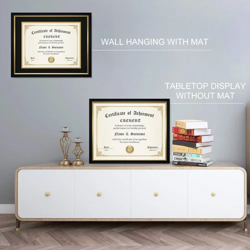 Vista 2 de CREKERT Marco de diploma de 11 x 14 grados, madera maciza, vidrio inastillable para documentos, marco dorado negro de 8.5 x 11 pulgadas con paspartú