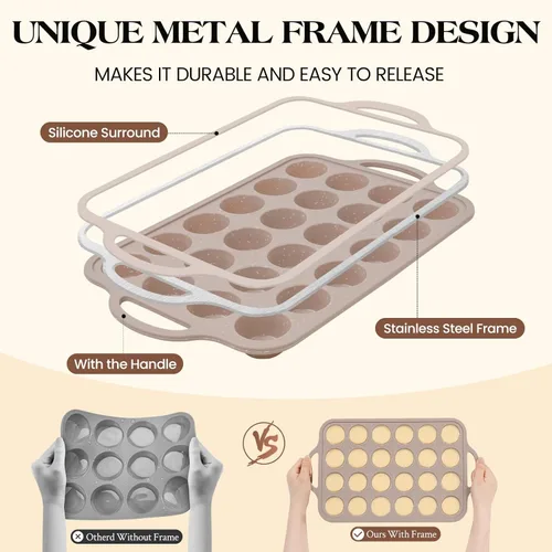 Vista 2 de Vinino Mini Moldes de Silicona para Magdalenas para Hornear con Marco Reforzado de Metal, 24 Compartimentos Marrón Tamaño Regular Antiadherente