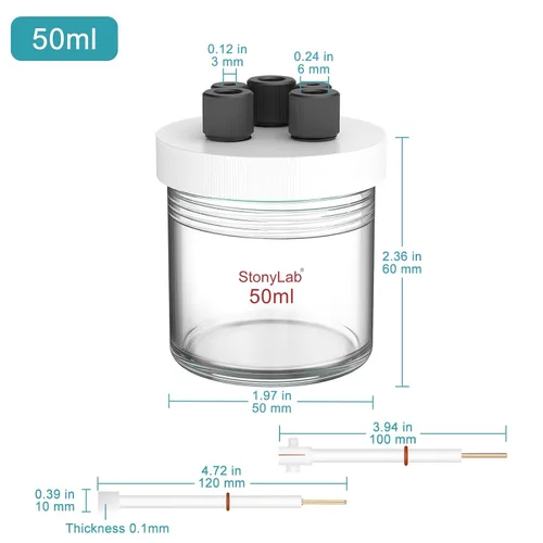 Vista 2 de stonylab Kit de celda electrolítica, electrolizador de reactor electroquímico sellado con borosilicato con tapa de PTFE de 5 agujeros, 1.7 fl oz