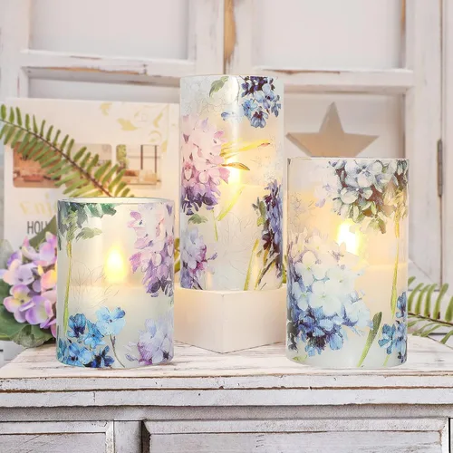 Vista 6 de Velas sin llama LED con forma de hortensia azul y violeta, parpadean con control remoto, tema de amor, decoración temática de verano y primavera