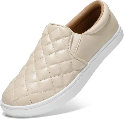 STQ Zapatos sin cordones para mujer, zapatillas acolchadas de moda Blanco beige