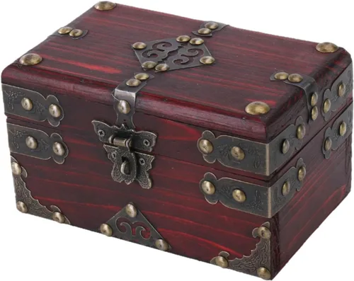 Vista 4 de Pirate Treasure Chest Wooden Box with Lock Rustic Collectible Storage Jewelry Box 9.06x6.30x6.30inch