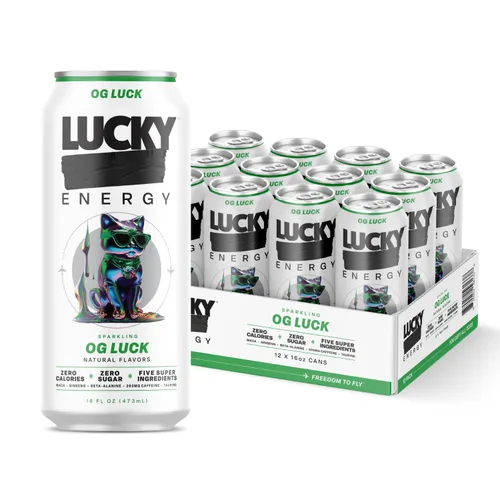 Vista 16 de Lucky Energy Bebidas energéticas sin azúcar, latas de 16 onzas líquidas (paquete de 12) bebida energética saludable. Baya Bodacious con maca
