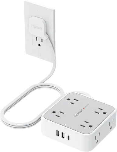 Vista 20 de Tessan Enchufe múltiple para sobretensión, 900 J, cable plano, 5 ft, 8 tomacorrientes, 3 puertos USB (1 USB C), extensor 3 lados, suministros