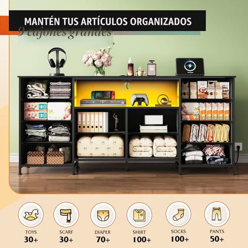 Vista 5 de WLIVE Cómoda de 12 cajones para dormitorio, soporte de TV negro para TV de 65, 70, 75 pulgadas con luz LED y estación de carga, cómoda ancha