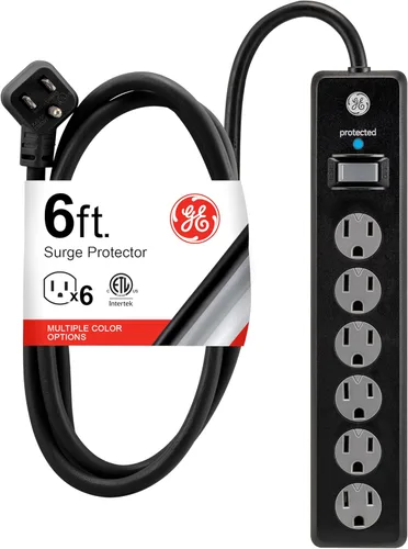 GE - Protector de sobretensión de 6 tomas, extensión de 6 pies, multicontactos, 800 julios, enchufe plano, tapas de seguridad de cierre por torsión,