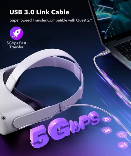 Vista 2 de 6AMGame Cable de enlace de 16 pies compatible con OculusMeta Quest 2 accesorios VR, cable de transferencia de datos de alta velocidad USB 3.0 cable