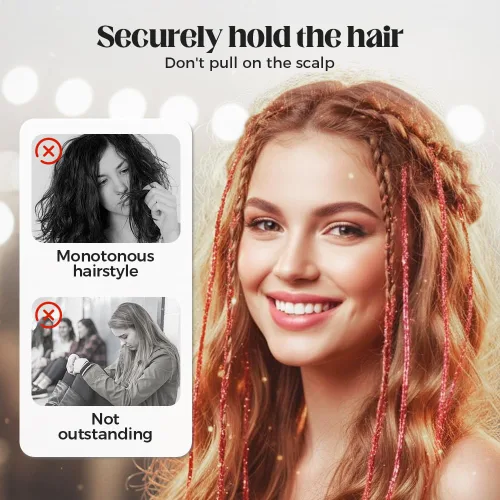 Vista 3 de 12 extensiones de cabello con clip, color champán, extensiones de cabello de oropel con clip, extensiones de cabello con purpurina para niñas