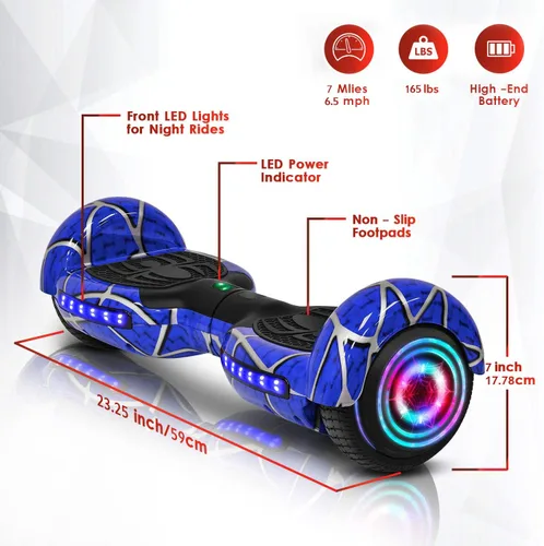 Vista 3 de Hoverboard con patrón de araña para niños de 6 a 12 años, con altavoz Bluetooth y luces LED, tabla deslizante de 6.5 pulgadas, certificado de Negro