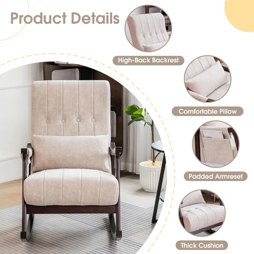 Vista 3 de COCO DESIGN Mecedora para interiores, silla mecedora tapizada para sala de estar, mecedora moderna con almohada y bolsillo lateral, respaldo alto