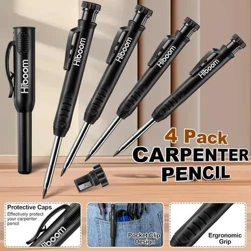 Vista 3 de Hiboom Paquete de 4 lápices de carpintero con 36 repuestos (rojo, negro, amarillo), herramienta de marcado de carpintería resistente de 0.116