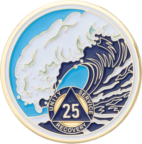 Vista 70 de Moneda AA de 1 año – Medallón de recuperación de ondas estrelladas de Sobriety Mint – azul/blanco/dorado