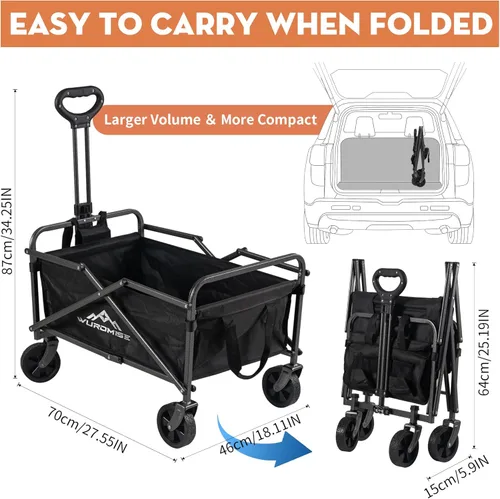 Vista 7 de Beach Wagon - Carro de carro con ruedas plegable, carrito de jardín resistente con ruedas giratorias, gran capacidad y mango ajustable