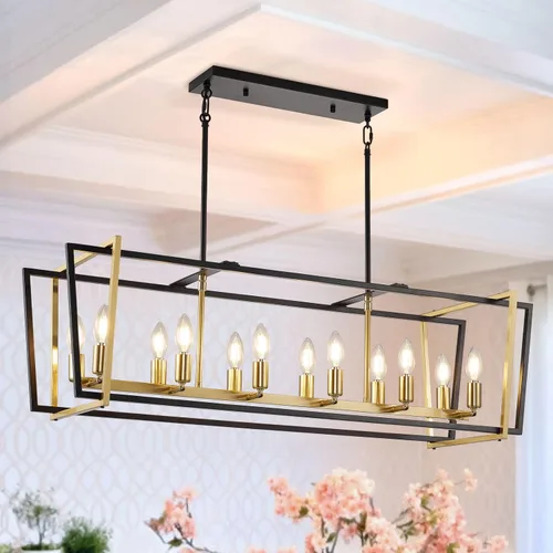 Vista 16 de Iluminación rústica de isla de cocina de granja, lámpara de 5 luces para comedor sobre mesa, lámpara de araña de madera rústica rectangular, lámpara