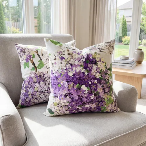 Vista 5 de Juego de 2 fundas de almohada decorativas de terciopelo con flores de hortensias moradas de 18 x 18 pulgadas, fundas de almohada decorativas