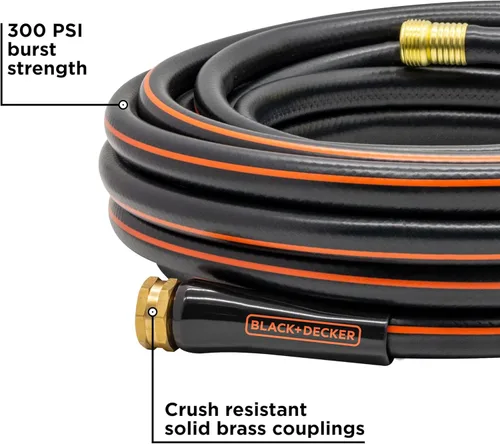 Vista 5 de Black + Decker® Manguera de jardín de servicio mediano – 5/8 pulgadas x 50 pies, construcción de 4 capas, 300 PSI, acoplamientos de latón macizo