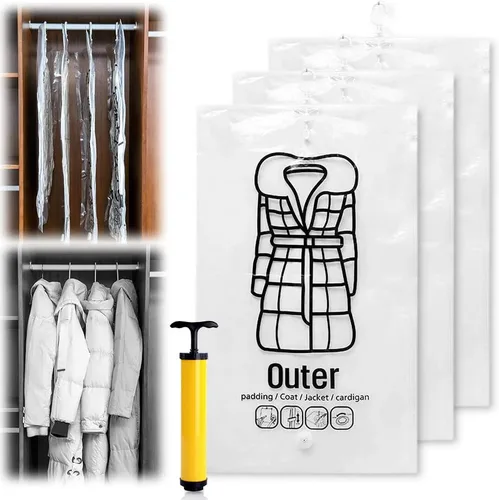 Vista 8 de Bolsas de almacenamiento colgantes al vacío, bolsa de almacenamiento reutilizable para colgar compresible, bolsas ahorradoras de espacio con bombas