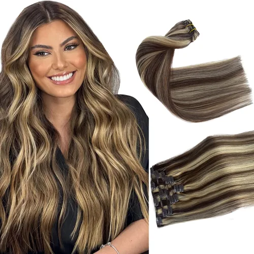 Vista 26 de Extensiones de cabello humano real con clip, rubio ceniza balayage con reflejos rubios, extensiones de cabello humano real Remy con clip, 12