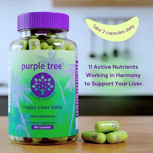Vista 2 de purple tree Happy Liver Daily Suplemento de apoyo hepático con cardo mariano, diente de león, alcachofa, cúrcuma y glutatión liposomal