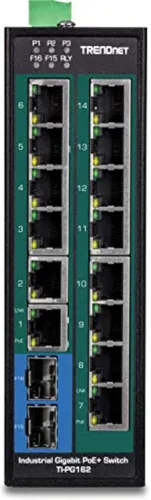 Vista 13 de TRENDnet Interruptor de riel DIN Gigabit PoE+ industrial endurecido de 16 puertos; TI-PG162; 14 puertos Gigabit; 2 x ranuras SFP Gigabit; 32Gbps