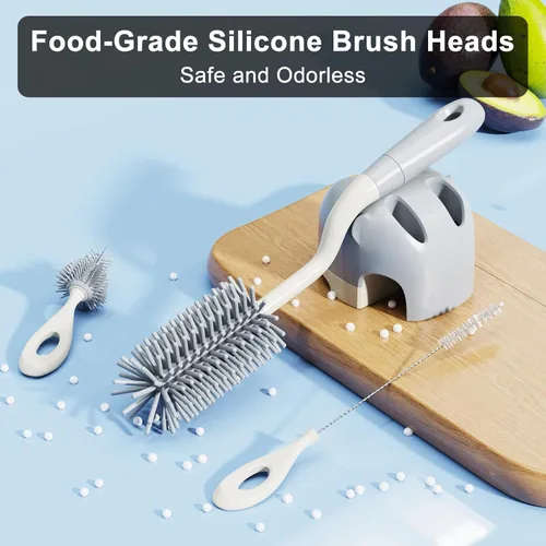 Vista 3 de Juego de cepillos de silicona para botellas con soporte, juego de limpiador de botellas giratorio de 360°, mango largo, 3 en 1, multiusos