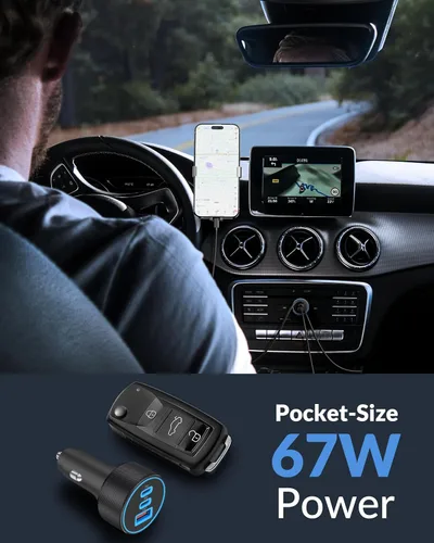 Vista 4 de Cargador de coche USB C de 67 W, carga súper rápida, paquete de 2 puertos de 12 a 24 V, accesorios de coche, adaptador de encendedor de cigarrillos