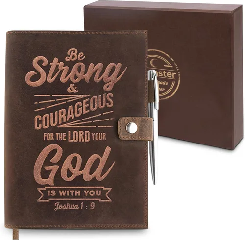 moonster Diario de cuero recargable forrado – Diarios para hombres con versículo de la Biblia Joshua 1v9 en relieve – Cuaderno de cuero con soporte