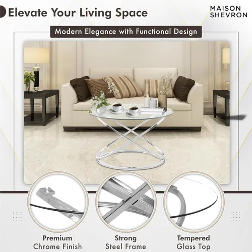 Vista 8 de Moderna mesa de centro redonda de cristal plateado, parte superior de vidrio templado de 26.7 pulgadas y base de patas cruzadas cromadas de lujo