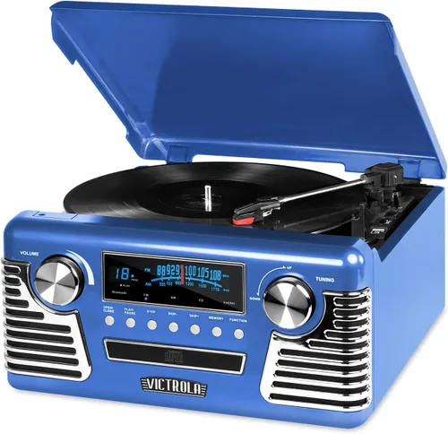 Vista 6 de Victrola Haley - Tocadiscos retro con Bluetooth y centro multimedia con altavoces integrados - Tocadiscos de 3 velocidades, reproductor de CD, radio