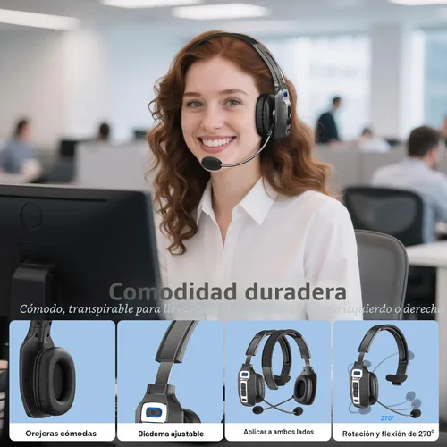 Vista 5 de Auriculares Bluetooth BRAMMAR Trucker con cancelación de ruido AI y micrófono, auriculares Trucker con 65 horas de tiempo de conversación y botón