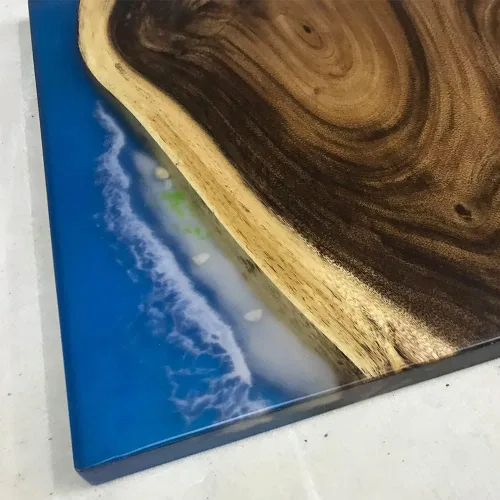 Vista 12 de Mesa de epoxi transparente, mesa de sofá con forma cuadrada, mesa auxiliar de resina de madera, mesa de centro de madera con borde natural para sala