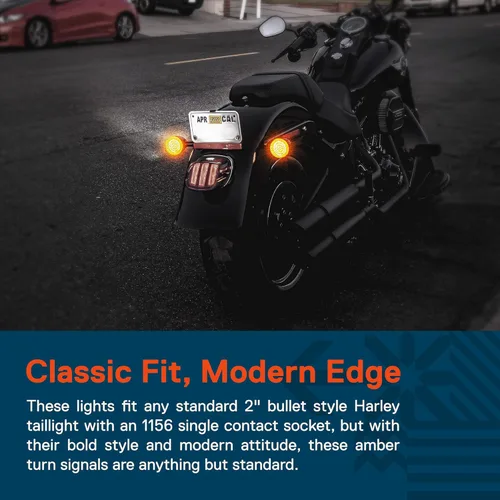 Vista 2 de TRUE MODS 2" 1156 Luz trasera LED anaranjada de señal de giro para Harley Davidson [Juego de par] [Acabado negro] [Estilo bala] Para Harley