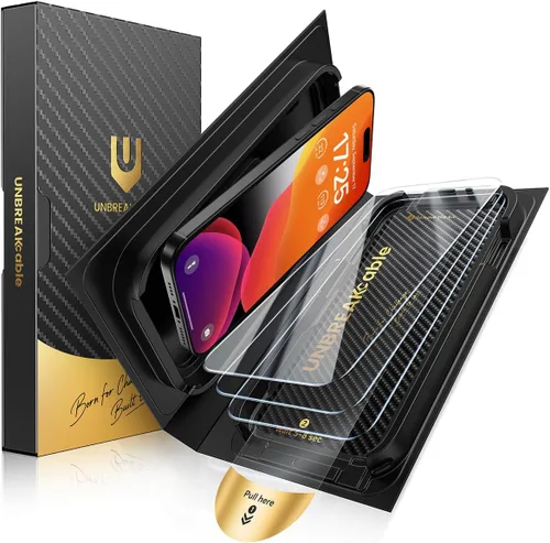 UNBREAKcable Protector de pantalla para iPhone 15, caja de instalación rápida, paquete de 3 unidades de vidrio templado inastillable [dureza 9H]
