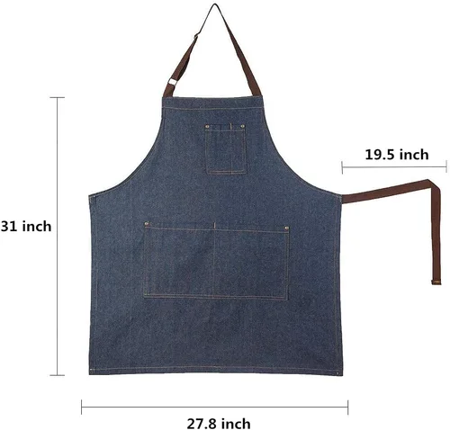 Vista 4 de Delantal de mezclilla unisex ajustable con múltiples bolsillos para chef cocina, barbacoa y estudio