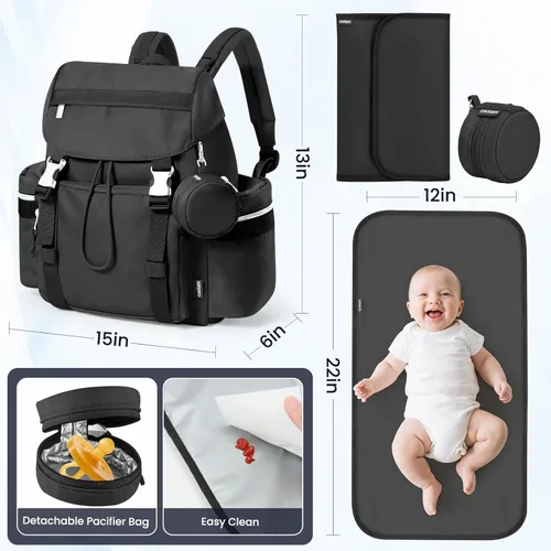 Vista 3 de Mochila para pañales con cambiador, funda para chupete y correas para cochecito (negro, 14L)