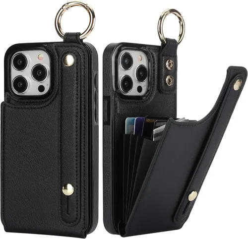 Folosu Funda tipo cartera para iPhone 15 Pro Max con soporte para tarjetas, correa de mano para la muñeca, soporte de bucle, bloqueo RFID, anillo de