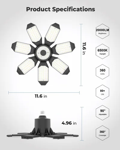 Vista 7 de SEOBIOG Paquete de 2 luces LED de garaje, ultra brillantes de 200 W, 20000 lúmenes, luces de garaje de 6500 K con paneles deformables, iluminación