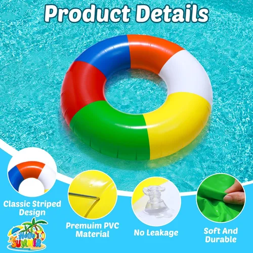 Vista 3 de 2 piezas de herramientas inflables de natación de 35 pulgadas, anillos de natación a rayas de arco iris, flotadores de playa, piscina, anillos
