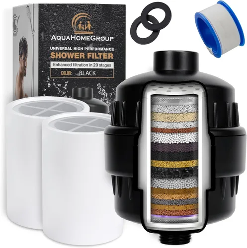 AquaHomeGroup Filtro de ducha de 20 etapas con vitamina C E para agua dura, filtro de agua de ducha de alto rendimiento para eliminar el cloro y el