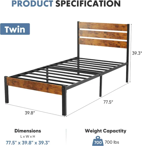 Vista 2 de OLIXIS Base de cama de plataforma de metal tamaño individual – Base de colchón con cabecera y estribo, no necesita somier, con soporte de listones