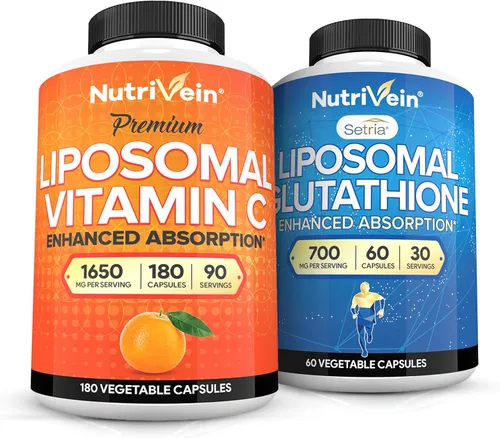 Nutrivein Paquete de vitamina C liposomal premium de 1650 mg y glutatión liposomal – Ácido ascórbico de alta absorción más antioxidante y limpieza