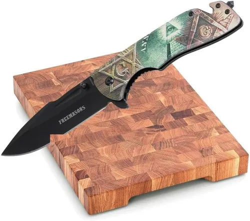 Vista 4 de Cuchillo de bolsillo masónico plegable, cuchillo de bolsillo de hoja de acero inoxidable de 5.00 pulgadas con impresión masónica Mango de acabado