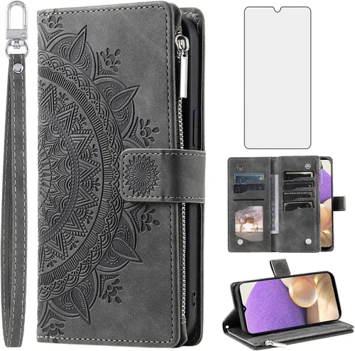 Vista 9 de Asuwish Funda de teléfono para Samsung Galaxy A32 5G 2021 de 6.5 pulgadas con protector de pantalla de vidrio templado, diseño de flores de mandala