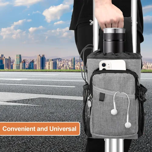 Vista 8 de Bolsa de accesorios para muletas, bolsa con cremallera resistente al agua con soporte para bebidas, bolsa ligera de almacenamiento para muletas