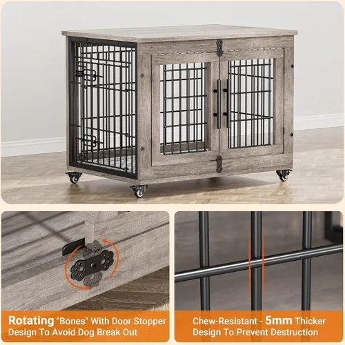 Vista 7 de Lulive Mueble de jaula para perros medianos, 32 pulgadas, para interiores con cojín y ruedas, jaula de madera para perros con puertas dobles, mesa