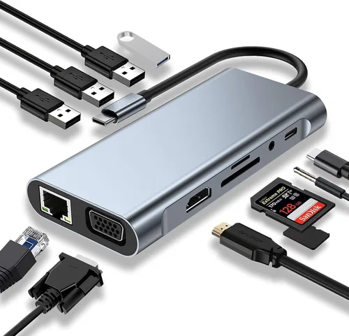 Vista 8 de Hub USB C, adaptador USB C 8 en 1 con HDMI 4K, 100 W PD, puerto USB C, USB 3.0, RJ45 Ethernet, lector de tarjetas SD/TF, estación de acoplamiento